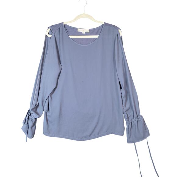Loft Women Blouse Purple Gray Cold Shoulder Crew Neck Tie Bell Sleeve Large - Picture 1 of 14